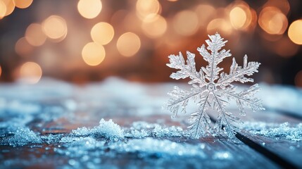 A delicate snowflake rests on a wooden surface at sunset, surrounded by glistening frost and soft bokeh lights in the background