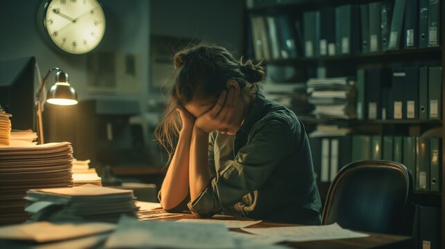 Tired office worker at desk late at night, surrounded by stacks of papers and computer screen, clock shows 10 PM, long workplace hours, professional work environment.