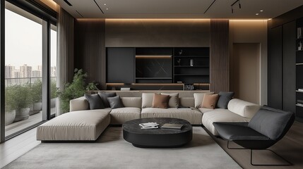 A modern, minimalist interior space with a focus on natural materials and a warm, inviting atmosphere.