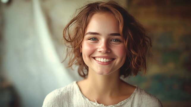 Smiling woman poses happily.