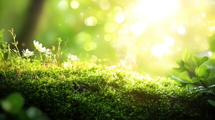 Obraz premium Sunlight filters through a lush green meadow, highlighting clover leaves during the early morning hours