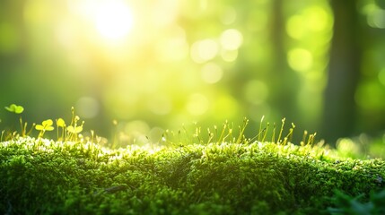 Fototapeta premium Sunlight filters through a lush green meadow, highlighting clover leaves during the early morning hours