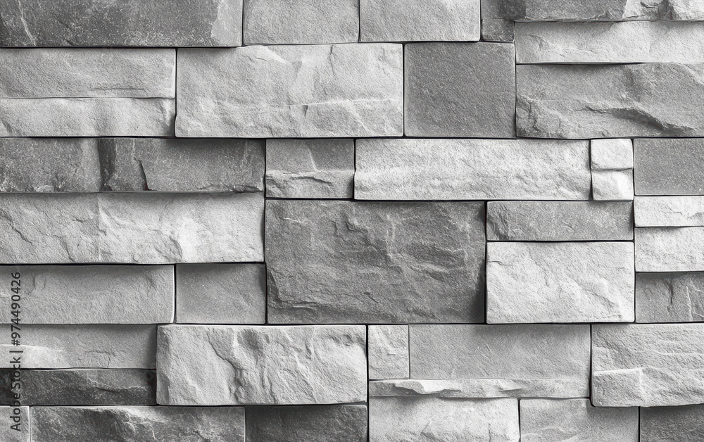 Poster close-up of a textured gray stone wall with various sized blocks, showcasing natural patterns and ro