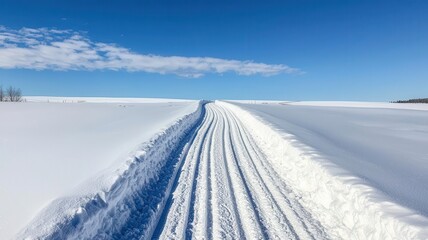 A rural road with fresh snow, tire tracks visible, and a bright blue sky overhead with crisp, clean air