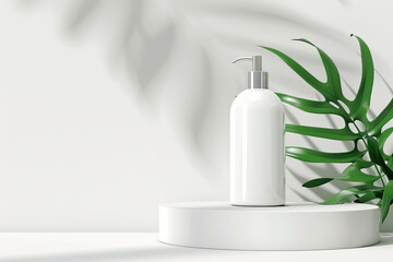 Mockup white bottle with dispenser for cleanser, soap on a white background. Packaging of cosmetic products. Copy space.