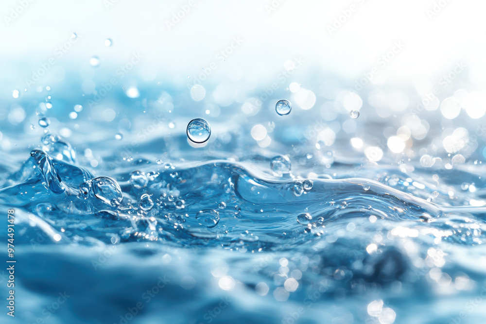 Aufkleber close-up of crystal-clear water droplets splashing and creating ripples with a soft, bright backgrou