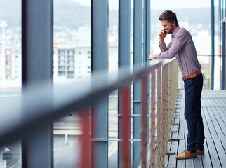 Fototapeta premium Business, man and happy with phone call on balcony for communication, legal feedback and negotiation online. Smile, lawyer and mobile for discussion advice, consulting contact and proposal outdoor