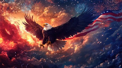 A majestic eagle flying with the American flag, with a sky full of red, white, and blue fireworks for Independence Day.