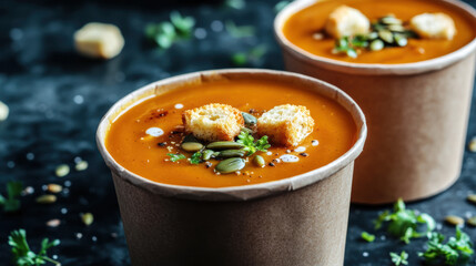 Delicious pumpkin soup served in eco-friendly cups, garnished with fresh herbs, croutons, and...