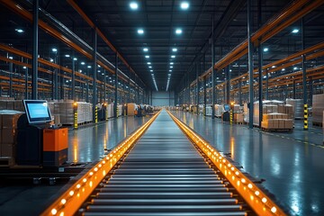 bustling warehouse interior with robotic arms and conveyor belts efficiently sorting packages workers in highvis vests operating futuristic touchscreen interfaces