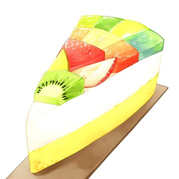 recommend clip art: Slice of Fruit Cake with Colorful Icing and Fresh Fruit Toppings.