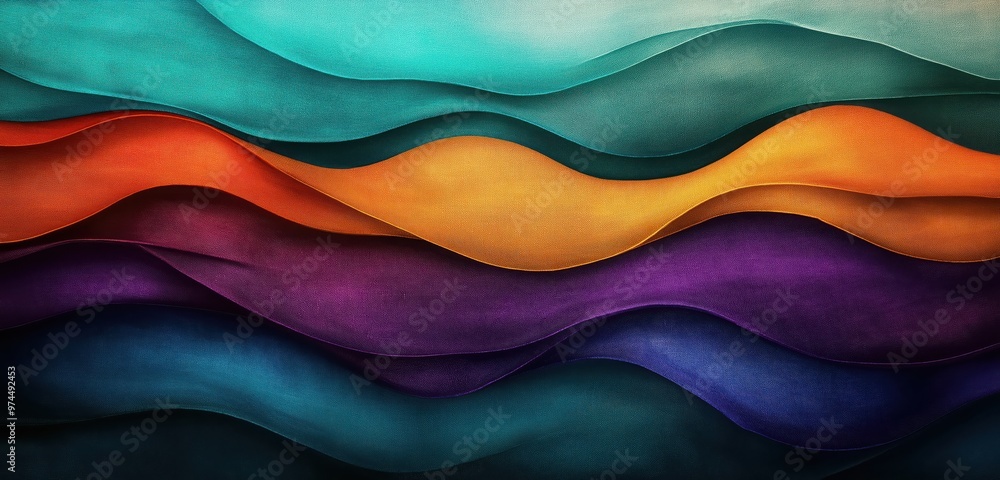 Poster vibrant abstract landscape with flowing layers of colorful organic shapes and patterns