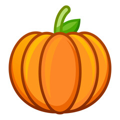 Here is a colorful cartoon illustration of a pumpkin featuring a green stem