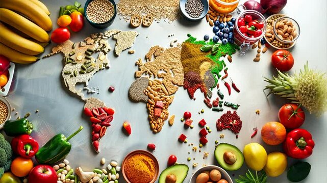 A World of Flavor: A vibrant edible world map, crafted from diverse and colorful ingredients, celebrating global cuisine and healthy eating. 