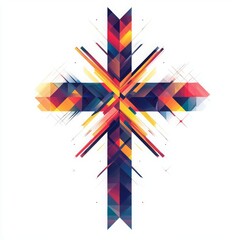 A vibrant and abstract geometric cross design featuring bold colors and dynamic shapes, perfect for spiritual or artistic themes.
