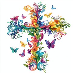 Obraz premium A vibrant cross design adorned with colorful flowers and butterflies, symbolizing hope, beauty, and faith.