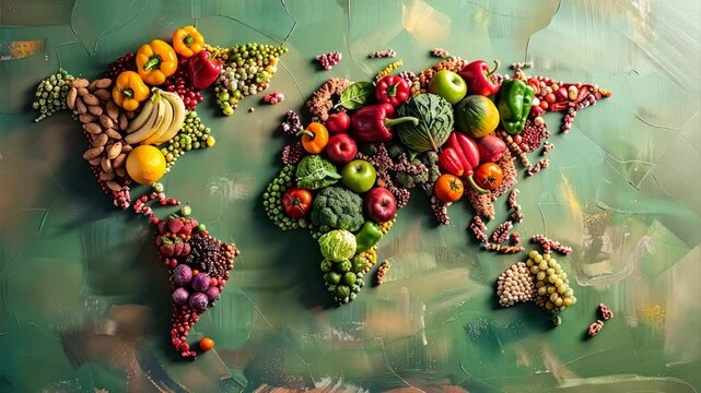 A World Nourished: A vibrant world map crafted from fresh fruits, vegetables, and spices, symbolizing global food security and the bounty of nature. 
