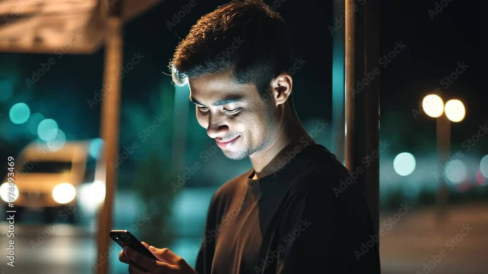 Aufkleber man using cellphone at night in a softly lit urban setting generative ai