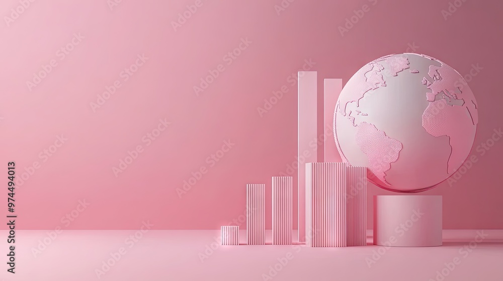Poster a minimalistic globe and bar chart on a soft pink background, symbolizing global business expansion 