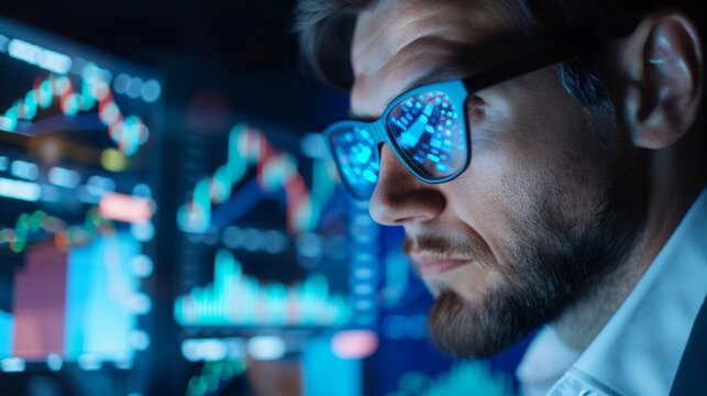 Man in Glasses Looking at Stock Market Data