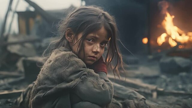 The orphaned child of the homeless cries about the ruins, War, Super Slow Motion, 4k Video