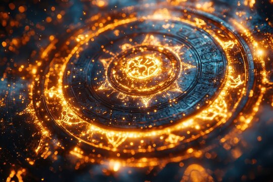 celestial zodiac wheel floating in cosmic nebula constellation animals glowing with stardust golden symbols emerging from cosmic swirls