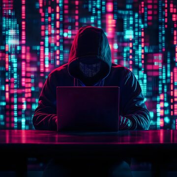 Anonymous hacker using a laptop to commit a digital crime, featuring a dark, illuminated laptop screen with code, a hooded figure obscured by shadows, and a cyberpunk color tone with neon highlights