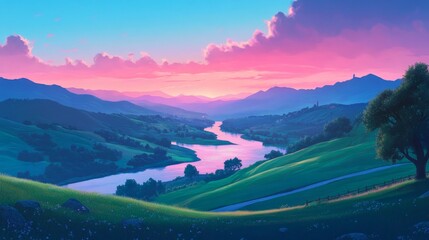 Fototapeta premium A serene landscape at sunset, showcasing rolling hills, a winding river, and vibrant colors in the sky.