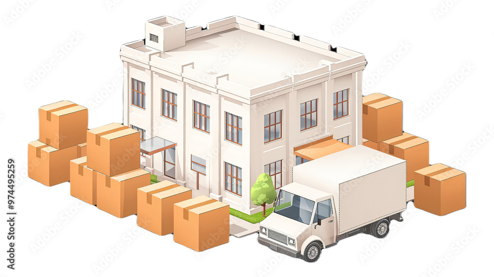 Wall mural isometric 3d illustration of a city featuring a truck, buildings, and shipping boxes, highlighting a