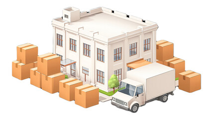 Isometric 3D illustration of a city featuring a truck, buildings, and shipping boxes, highlighting architecture, transportation, and packaging