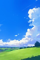 Fresh Green Grass, Blue Sky, and White Clouds