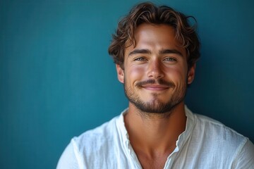 Obraz premium charismatic young businessman in crisp white shirt against vibrant blue backdrop confident pose with genuine smile professional headshot style with soft flattering lighting
