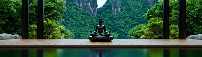 Fototapeta premium Serene landscape featuring a tranquil Buddha statue surrounded by lush greenery and calm waters, perfect for meditation and relaxation.
