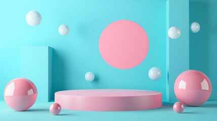 Abstract minimal scene with geometrical forms ,3D Podium scene or pedestal on pastel background with minimal geometric shapes paper cut craft ,pink geometric shape blue wall corner white floor 