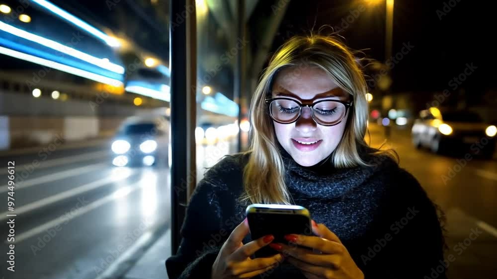 Aufkleber person using cellphone at night in a busy urban setting with lights generative ai
