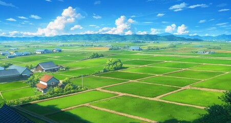 Naklejka premium Panoramic View of Japanese Countryside with Rice Fields, Blue Sky, White Clouds