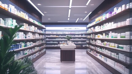 Fototapeta premium A modern pharmacy store with rows of drug shelves displaying prescription medications and health care products, ready for customers.