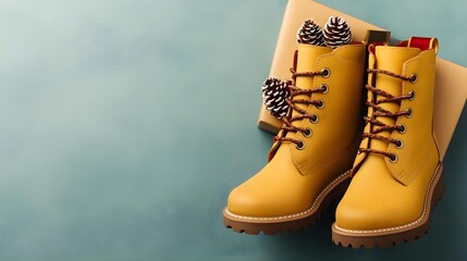 Yellow Boots & Pine Cones on Blue Background
