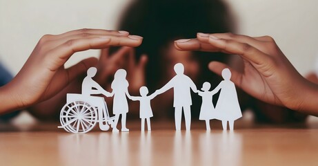 Hands shielding a paper cutout of diverse people, including a person in a wheelchair and a family holding hands with a child, job hire and diversity in workplace