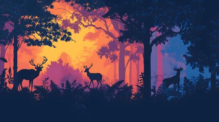 Fototapeta premium Silhouettes of Deer in a Vibrant Forest at Sunset