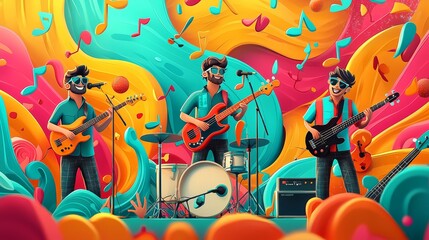 Obraz premium Colorful Band Playing Music with Guitars and Drums