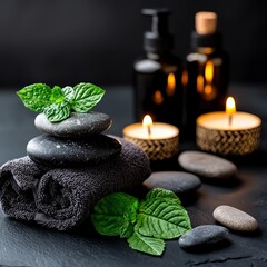 Obraz premium Relaxing spa scene with stacked stones, mint leaves, aromatic candles, and essential oil bottles for serene ambiance.