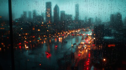 Fototapeta premium Rainy Night Cityscape Through Window