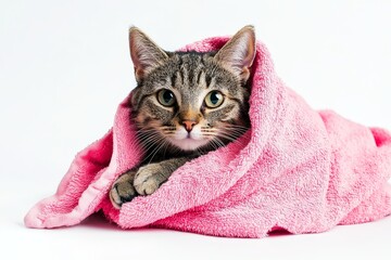 A cozy cat wrapped in a soft pink towel, showcasing playful and curious expressions in a bright setting.