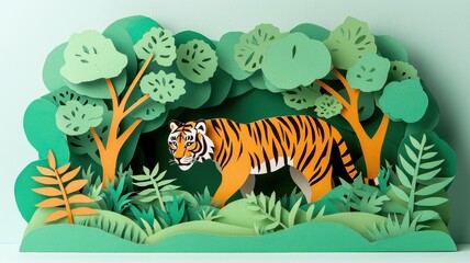 Fototapeta premium A colorful paper craft of a tiger in a lush green forest, showcasing vibrant details and artistic design.