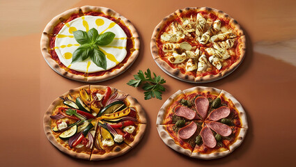 Fototapeta premium 4 different pizzas, Italian margherita pizza with basil, 4 cheese pizza, pizza with grilled vegetables, pizza with spicy salami and capers