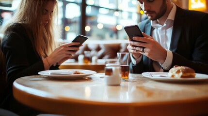 Business duo work on phones at cafe.