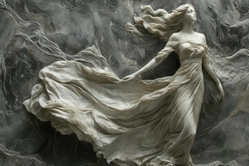 classical sculpture reimagined as nyx goddess of night flowing drapery suggesting darkness mysterious aura intricate details in marblelike texture mythological symbolism