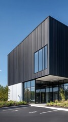 A modern industrial building with black and white metal cladding, featuring large windows for natural light and steel frames