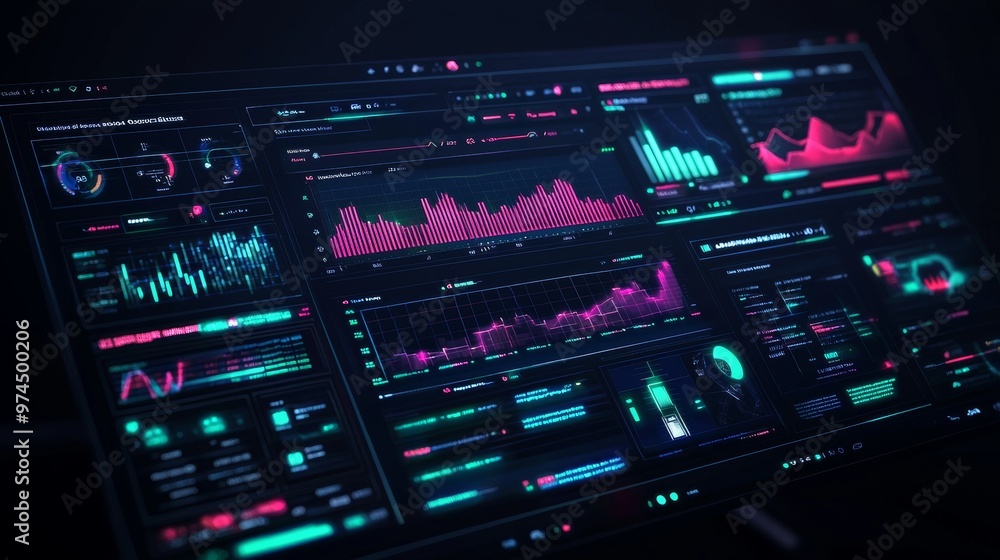 Poster futuristic digital interface with data analysis and charts